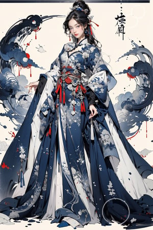 8k, (absurdres, highres, ultra detailed), (1 girl:1.3), curly long hair, EpicArt,Chinese ink paint, ((colorful water inkSpot)) ,black and white,Chinese style, burgundy-blue theme, full body,chinese_clothes,ink splash,ancient_beautiful