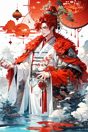 masterpiece, 8k, (absurdres, highres, ultra detailed), (1 man:1.3), red eyes, red hair, EpicArt,Chinese ink paint,water inkSpot,White and white,Chinese style,  (Hands:1.1), ,better_hands,ancient_beautiful