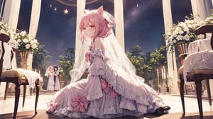 (extremely detailed CG unity 8k wallpaper,masterpiece, best quality, ultra-detailed, best illumination, best shadow, an extremely delicate and beautiful,highres, original, ultra-detailed, colorful), (cat_ears,cat_tail,catgirl), (yellow hair, yellow eyes, flat chest,twin_tails), ribbon bow, pink ribbon, tail stat from coccix((pink dress)), (sit on chair,loli,wedding dress,wedding hood,profile view, saturated colors, contrasted colors, chair), lily flowers, hair ornaments, small girl, low age, night, stars,crying, sad face, looking at star, holding a flower,Night scene,floral_see_through_dress, ,1girl,Glass flower room, snowflakes,best quality,incredibly absurdres,high detail eyes