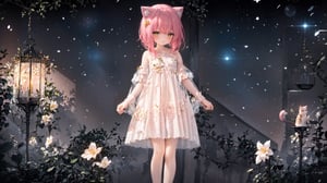 (extremely detailed CG unity 8k wallpaper,masterpiece, best quality, ultra-detailed, best illumination, best shadow, an extremely delicate and beautiful,highres, original, ultra-detailed, colorful), (cat_ears,cat_tail,catgirl), (yellow hair, yellow eyes, flat chest),twin_tails, ribbon bow, pink ribbon, tail stat from coccix, (loli,wedding dress,wedding hood,back view), lily flowers, hair ornaments, small girl, low age, night, stars,crying, sad face, looking at star,sit, holding a flower,Night scene,floral_see_through_dress, (pink dress:1.2),1girl