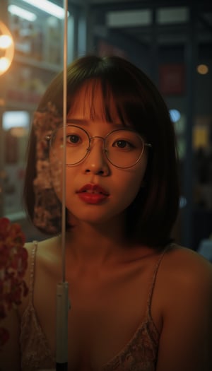 bailing_film_style,casual cloth,wong kar wai style,movie style,high saturation,film texture,girl,close up,half body,fuji 100mm,color temperature 3200k,glasses