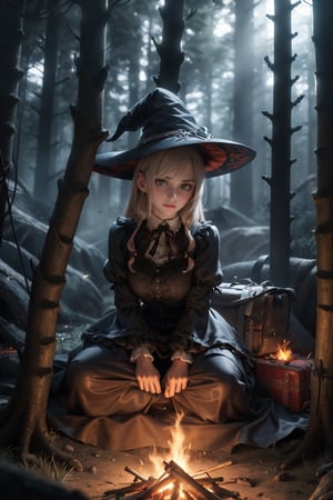 A young witch dressed in ornate brown gothic lolita attire sits on a trunk in a bivouac by a campfire in the middle of the forest. Behind her stands a tent and lies her travel bags. Cluttered maximalism. Womancore. Haunting atmosphere. Intricately detailed. Studio lighting. High angle.