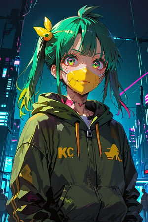 a close up of a person wearing a green jacket and a neon green mask, chica anime cyberpunk in hoodie, anime style 4 k, anime style. 8K, chica anime cyberpunk, realistic anime art style , anime rudo 8K, cyberpunk anime art, anime style, cyberpunk digital anime art , in the style of Guweiz , modern anime style, Surprising face portrait of anime