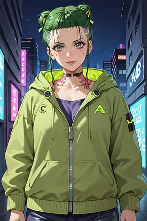 a close up of a person wearing a green jacket and a neon green mask, girl anime cyberpunk in hoodie, anime style 4 k, anime style. 8K, girl anime cyberpunk, realistic anime art style , anime rude 8K, cyberpunk anime art, anime style, cyberpunk digital anime art , in the style of Guweiz , modern anime style, Surprising face portrait of anime,venusbody