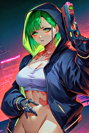 a woman with green eyes and a black jacket holding a gun, anime cyberpunk art, cyberpunk anime girl, best anime 4k konachan wallpaper, cyberpunk anime girl mech, female cyberpunk anime girl, cyberpunk anime art, anime style 4 k, digital cyberpunk anime art, cyberpunk anime girl in hoodie, anime wallpaper 4k, anime wallpaper 4 k, anime cyberpunk
