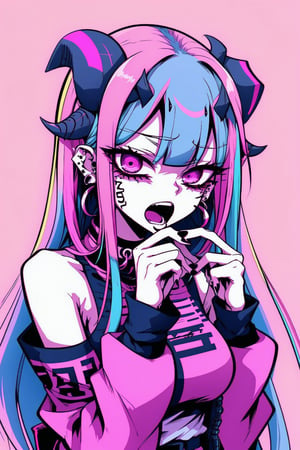 1girl, solo, long hair, looking at viewer, open mouth, bangs, simple background, long sleeves, jewelry, blue hair, upper body, pink hair, multicolored hair, earrings, horns, teeth, pink eyes, gradient hair, black nails, purple background