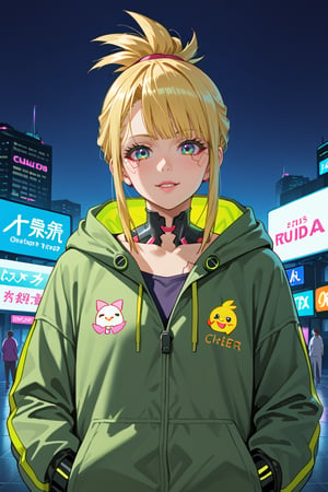 a close up of a person wearing a green jacket and a neon green mask, chica anime cyberpunk in hoodie, anime style 4 k, anime style. 8K, chica anime cyberpunk, realistic anime art style , anime rudo 8K, cyberpunk anime art, anime style, cyberpunk digital anime art , in the style of Guweiz , modern anime style, Surprising face portrait of anime, big_boobies