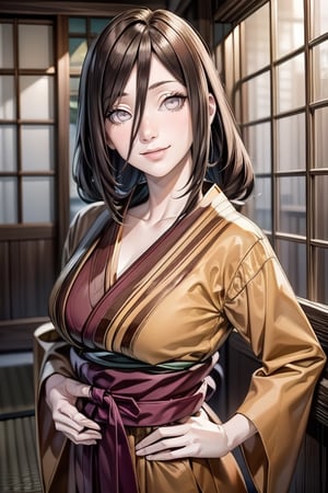 masterpiece,  beautiful face,  expression smiling,  cute girl,  seductive look,  half open eyes,  half closed mouth,  brown hair,  white eyes,  HanabiH,  Hana,  standing,  one hand on hip,  kunai in one hand,  peeking out upper body,  Hands on the curtain of a Japanese inn,  ramen inn, , , , , 