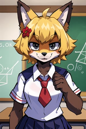 masterpiece, best quality, looking at viewer,black eyes,play groundfurry fox girl,blonde,school uniform,  hair ornament, Furry Girl