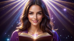smile woman, very beautiful face in violet  tunic with magic open book, rays of light from the book, many diamonds , glowing, surprise and magic, temple