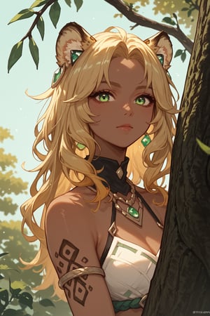 score_9, score_8, score_7, score_7_up, score_8_up,1girl,solo,xilonen-gi,green eyes,blonde hair,animal ears,leopard girl,dark skin, on tree branch, 