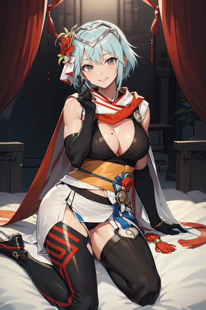 FEDagr,best quality, looking at viewer, front viewer,hair ornament, hair flower, toned, biceps, capelet, headgear, tiara, scarf, hadanugi dousa, white kimono, chest sarashi, sash, black gloves, gloves, thigh strap, thighhighs, black thighhighs, sandals, sleeveless,toned,abs,mole under eye, laying on bed, hand on face, smile, 