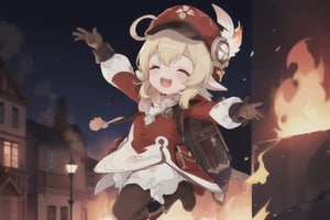cute,klee \(genshin impact\),bloomers, brown gloves, knee boots, cabbie hat, red coat, scarf, backpack,open mouth smile,closed eyes,jumping happy,hands in the air,((town)),((backround on fire))
