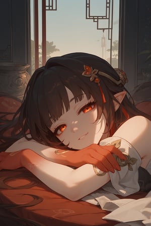 dramatic lighting, perfect face,score_9, score_8, score_7, score_7_up, score_8_up,1girl,solo, lingsha, red limbs, hair ornament,dark scene, dimly lit, sunset, chinese interior, lying on side, smile,on elbow, half lidded eyes, 