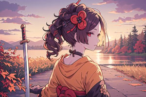 chiori,red eyes, choker, forearm gloves, lace pantyhose, heel-less heels,best quality, masterpiece, aesthetic, perfect face, expressive eyes, looking at viewer,viewed from behind,parted lips,expressionless,outdoors, sunset, autumn leaves, holding dual swords,