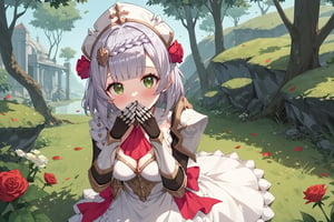 front view,score_9, score_8, score_7, score_7_up, score_8_up,1girl, noelle \(genshin impact\), solo, green eyes, flower, braid, armor, short hair, hair flower, hair ornament, looking at viewer, open mouth, grey hair, shoulder armor, red flower, red rose, dress, maid headdress, ascot, bangs, armored dress, red ascot, apron, gloves, gauntlets, pauldrons, black gloves, braided bangs,blushing, hands covering mouth, outdoors, nature, giant tree, leaves falling,