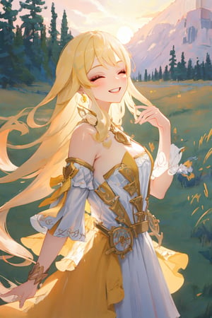 picturesque,aesthetic,1girl,solo,best quality, viewed from side,masterpiece,expressive eyes, perfect face,complex, dramatic lighting, rim lighting,NaviaGenshin,very long hair,thick hair,twirl hair,alternate costume,victorian yellow dress, puffy dress, arms extended, wind, outdoors,hills, grassfields, sunset, both eyes closed, smile, dress blowing in the wind, tippytoeing,