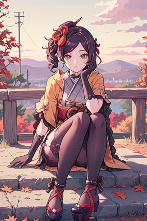 chiori,red eyes, choker, forearm gloves, lace pantyhose, heel-less heels,best quality, masterpiece, aesthetic, perfect face, expressive eyes, looking at viewer,front view,expressionless,outdoors, sunset, autumn leaves,sitting,leg raised,elbow on knee,resting face on fist,