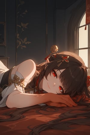 dramatic lighting, perfect face,score_9, score_8, score_7, score_7_up, score_8_up,1girl,solo, lingsha, red limbs, hair ornament,dark scene, dimly lit, sunset, chinese interior, lying on side, smile,on elbow, half lidded eyes, 