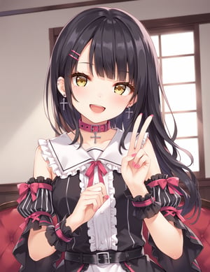 1girl, solo, looking at viewer, blush, smile, open mouth, bangs, shirt, black hair, hair ornament, jewelry,yellow eyes,upper body, short sleeves, earrings, detached sleeves, choker, hairclip, striped, indoors, mullet hairstyle,airintakes, ,nail polish, collar, fingernails, head tilt, gothic lolita,black shirt, v, cross, ear piercing, pink nails, belt collar,  striped sleeves