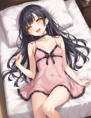 overhead shot,full body,1girl, solo, looking at viewer, blush, smile, open mouth, bangs, black hair, hair ornament, jewelry,yellow eyes,upper body, earrings, choker, hairclip, indoors, mullet hairstyle,airintakes,nail polish, fingernails, head tilt, cross, ear piercing, pink nails, lying on the bed,Babydoll