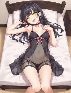 overhead shot,full body,1girl, solo, looking at viewer, blush, smile, open mouth, bangs, black hair, hair ornament, jewelry,yellow eyes,upper body, earrings, choker, hairclip, indoors, mullet hairstyle,airintakes,nail polish, fingernails, head tilt, cross, ear piercing, pink nails, lying on the bed,Babydoll,see-through