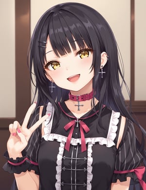 1girl, solo, looking at viewer, blush, smile, open mouth, bangs, shirt, black hair, hair ornament, jewelry,yellow eyes,upper body, short sleeves, earrings, detached sleeves, choker, hairclip, striped, indoors, mullet hairstyle ,nail polish, collar, fingernails, head tilt, gothic lolita,black shirt, v, cross, ear piercing, pink nails, belt collar,  striped sleeves