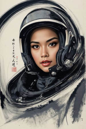 extreme detail description MiaValkyrie Filipina pilot female inside cockpit, wearing helmet bondom, professional,, Supersonic F-22 fighter jet, in sumi-e art style modern coloring brush strokes,in a faded smudged brush strokes