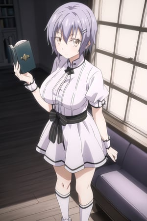 1girl, short tousled blue and purple hair, rectangular and lilac eyes, face (short, thin and triangular), hair clip in the shape of a lilac flower, large breasts, narrow waist, white dress, long socks, standing at the side of a window, holding a book with his right hand, calm expression
