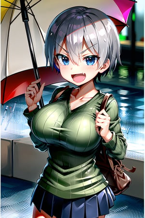 1girl, solo, breasts, looking at viewer, smile, short hair, open mouth, bangs, blue eyes, skirt, large breasts, long sleeves, holding, hair between eyes, standing, collarbone, :d, grey hair, pleated skirt, fang, miniskirt, black skirt, bag, sweater, wet, v-shaped eyebrows, dutch angle, umbrella, backpack, pointing, wet clothes, index finger raised, skin fang, ribbed sweater, rain, holding umbrella, green sweater, uzaki hana, (hands:1.1)