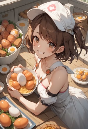score_9, score_8_up, score_7_up, score_6_up,source_anime, 
masterpiece, best quality, 1girl, two side up, short hair, brown hair, swept bangs, 17 years old,  (egg costume), white cap, happy smile, egg (food),
more detail XL,Supersex