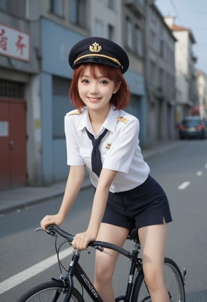 1 cute girl, idol,bob cut, red hair, black eyes, she is wearing a uniform of navy officer,riding a sports type bicycle,pedaling a bicycle while leaning forward,happy smile, city,road,perfect body, full body, background is military port,looking at viewer, high resolution, ultra detailed, best quality, anime key visual,