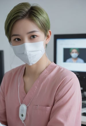 solo, looking at viewer, long sleeves, 1boy, holding, green eyes, upper body, pink hair, male focus, green hair, indoors, mask, mouth mask, computer, monitor, surgical mask, intravenous drip