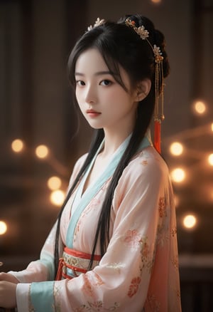 high-resolution clarity,18yo,Beautiful   idolgirl,(hanmeimei:0.1),hanfu,chinese girl,black hair,high-definition,vivid colors,dramatically lit,mugglelight,