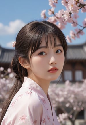 1girl, solo, looking at viewer, bangs, brown hair, black hair, brown eyes, closed mouth, upper body, outdoors, sky, day, cloud, black eyes, tree, blue sky, lips, cherry blossoms, architecture, east asian architecture