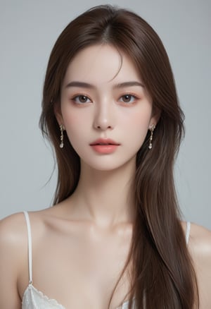 1girl,solo,realistic,jewelry,brown hair,brown eyes,earrings,slender,lips,simple background,looking at viewer,long hair,
makeup,fashion model,picture-perfect face,flowing hair,shiny skin,((fair skin:1.5)),(Shooting background board,photostudio),(simple),(masterpiece, top quality),master piece,professional artwork,famous artwork,(realistic,photorealistic:1.37),HDR,UHD,8K,ultra realistic 8k cg,8K,32k,HD,
 