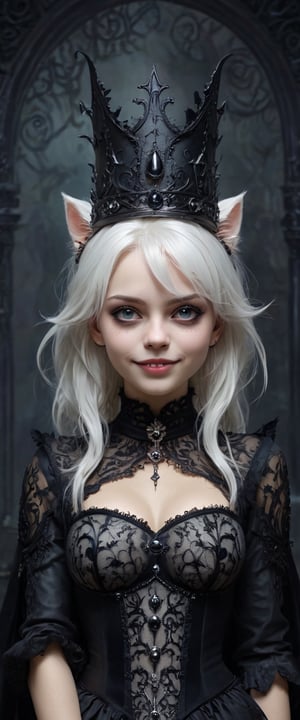 1cat,laugh, crazy,beautiful, white hair, dark fairy tale, gloomy style,black crown, evil vibe,Gothic style, high definition,Rich in intricate details. 8K.illustration