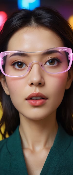 HK film style,close-up shot front view of an attractive woman wearing next-generation Apple Vision Pro VR glasses with glowing words "GPT" clearly written on the VR glasses,neon rainbow lighting,in the style of Wong Kar Wai film,
,