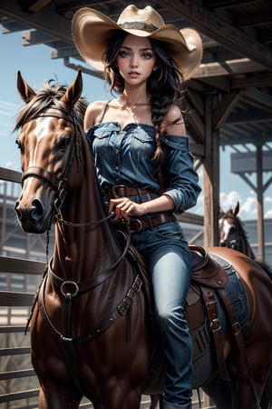 1girl, solo, long hair, breasts, shirt, black hair, hat, braid, pants, off shoulder, denim, jeans, riding, tied shirt, horse, cowboy hat, horseback riding, cowboy western, saddle