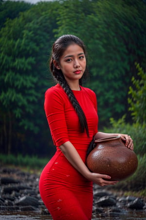 beautiful myanmar woman,1water pot,cravy, shapely,  standing on village street, holding, perfect body, perfect face, perfect hands, 4K, realistic,  photorealistic, masterpiece