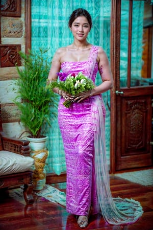 high quality, 8K Ultra HD, In this extraordinary full-body, high quality, analog photograph of 25 year old  beautiful woman, realistic, high quality, sharp focus, analog photograph of a girl full body, front view, 8K resulution, high details,perfect hand, perfect fingers, masterpiece, best quality, 1girl, solo, wearing white myanmar traditional wedding dress, smiling, holding bridal bouquet, standing, beautiful and delicate, feminien, perfect hands, perfect fingers, highest detailed, realistic, photorealisticawesome full color,distinct facial features 