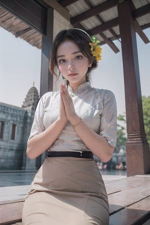 1girl, Beautiful eyes, detailed eyes, big eyes, praying poses, looking to viewer,smiling, cleavge, calm sunshine, flower , temples , bagan, myanmar, acmm ss outfit,Myanmar,praying