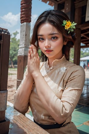 1girl, Beautiful eyes, detailed eyes, big eyes, praying poses, looking to viewer,smiling, cleavge, calm sunshine, flower , temples , bagan, myanmar, acmm ss outfit,Myanmar,praying