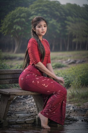 masterpiece, ultra detailed, high quality, 1girl, ( parted lips), detailed lips, sitting in bench, (solo), wide shot, scenery, full body, hair between eyes, long straignt hair, acmm ss outfit,Myanmar, Burmese