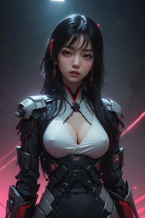 Sexy Pose , (masterpiece),(solo), 1 Japanese beauty, white hair ,  (high sexual attraction,long hair), in the dark night, (sexy Chinese Hanfu+body implants) ,wearing two pieces, cleavage, (highly detailed background of ancient Indian achitechture with neon lights) ,Cyberpunk,Enhance,  Chinese fantasy art