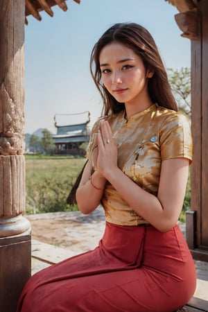 1girl, Beautiful eyes, detailed eyes, big eyes, praying poses, looking to viewer,smiling, cleavge, calm sunshine, flower , temples , bagan, myanmar, acmm ss outfit,Myanmar,praying