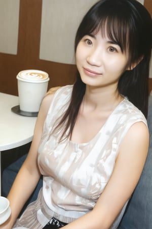 A beautiful young Japanese woman is sitting on the sofa seat of empty cafeteria , at tabel one  cup of hot latte. This woman's skin is quite tanned and covered with sweat,masterpiece,best quality,ultra detailed face,ultra detailed,4k,green eyes,green_eyes,Glow,Face,Neon