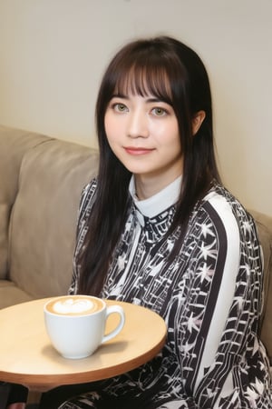 A beautiful young Japanese woman is sitting on the sofa seat of empty cafeteria , at tabel one  cup of hot latte. This woman's skin is quite tanned and covered with sweat,masterpiece,best quality,ultra detailed face,ultra detailed,4k,green eyes,green_eyes,Glow,Face,Neon