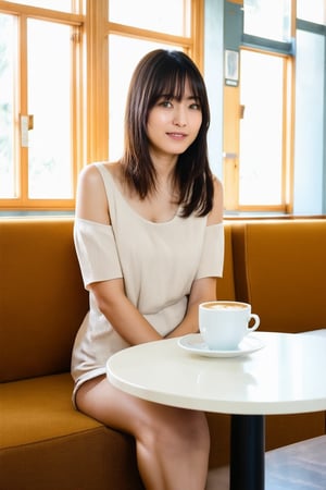 A beautiful young Japanese woman is sitting on the sofa seat of empty cafeteria , at tabel one  cup of hot latte. This woman's skin is quite tanned and covered with sweat,masterpiece,best quality,ultra detailed face,ultra detailed,4k,green eyes,green_eyes,Glow,Face,Neon