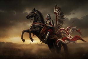 wingedhussarflux style,,The image portrays a powerful and dramatic scene of a Polish Winged Hussar mounted on a rearing black horse. The Winged Hussar, a legendary elite cavalryman, is depicted in full armor, with an intricate helmet that conceals most of his face, adding a sense of mystery and strength. He is adorned with the characteristic wings attached to his back, made of large, curved feathers that extend majestically upward, glinting in the soft, fading sunlight. His armor is finely detailed with a metallic sheen, while a long, flowing red-and-white banner, emblazoned with a cross, drapes across his horse’s body.  The black horse is captured in a dynamic pose, rising on its hind legs with a sense of raw power and energy. The muscular definition of the horse, enhanced by the hyper-realistic lighting, adds to the sense of motion. The animal’s armor and reins are richly decorated with gold accents, complementing the regal bearing of both the horse and rider.  In the background, a dark, ominous sky contrasts with the golden sunset, casting long shadows over the battlefield below. The overall atmosphere is tense and dramatic, capturing the grandeur and might of the Winged Hussar as he prepares for battle, embodying honor, courage, and strength.